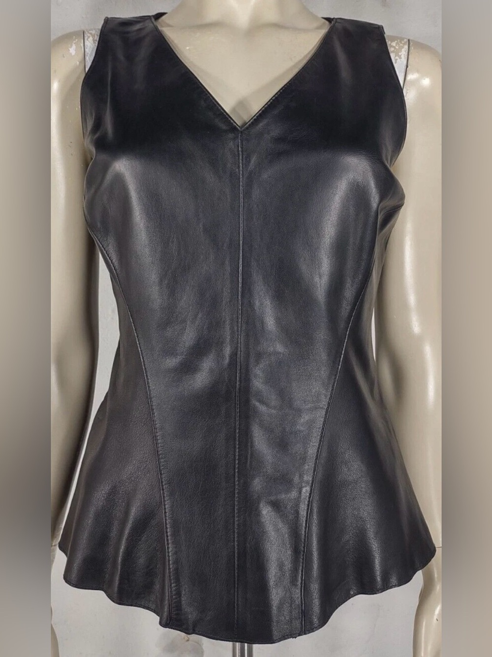 Antonio Melani black 100% Leather sleeveless peplum top blouse ladies Small